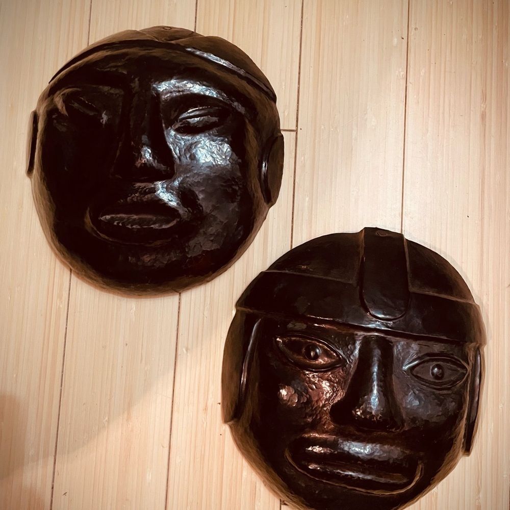 2 VTG RARE Hammered Copper Masks Creepy Aztec Decor 9" Hanging 3D Wall Art